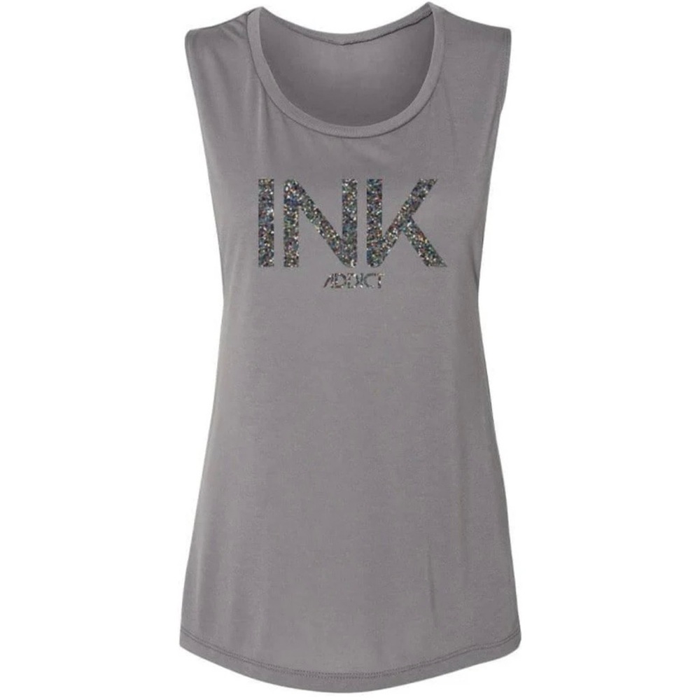 ‘Ink Addict’ Woman’s Glitter Muscle Tank Top XL